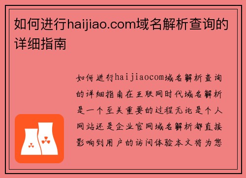 如何进行haijiao.com域名解析查询的详细指南